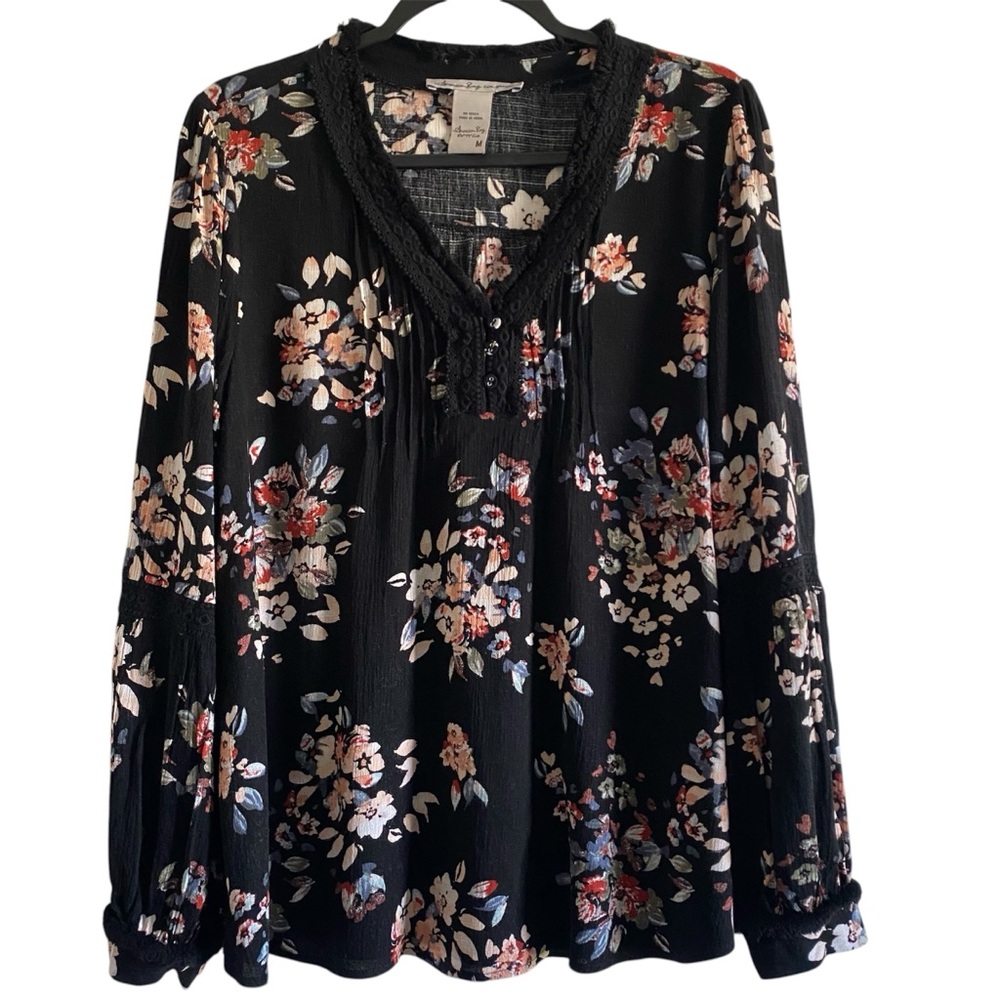 American Rag Black Floral Boho Peasant Blouse Medium